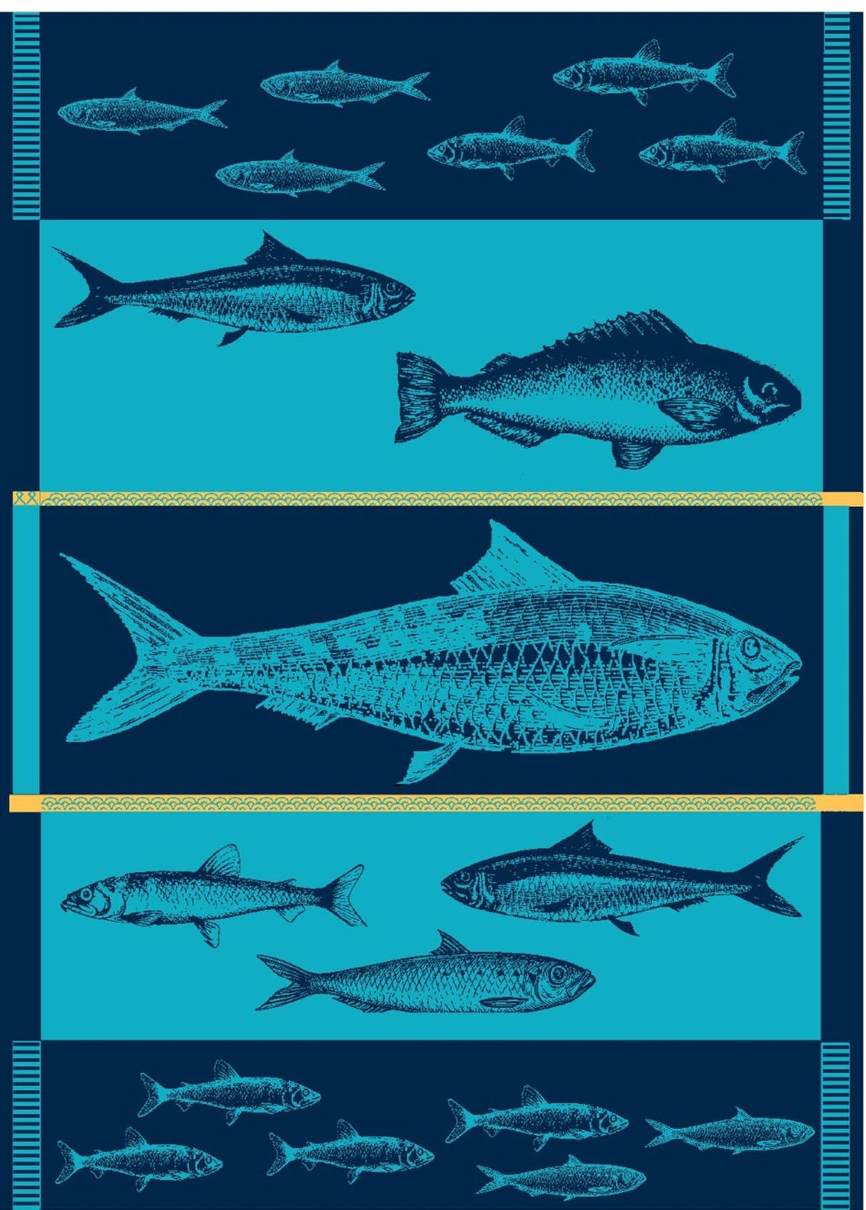Scandinavian-inspired illustration of assorted fish in horizontal rows on a turquoise-blue background—ideal for the Turquoise-Blue Fish Jacquard Tea Towel 20" x 28", perfect for any Nordic kitchen.