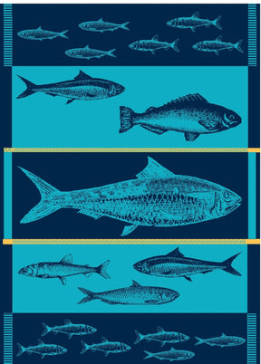 Scandinavian-inspired illustration of assorted fish in horizontal rows on a turquoise-blue background—ideal for the Turquoise-Blue Fish Jacquard Tea Towel 20" x 28", perfect for any Nordic kitchen.