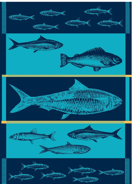 Scandinavian-inspired illustration of assorted fish in horizontal rows on a turquoise-blue background—ideal for the Turquoise-Blue Fish Jacquard Tea Towel 20" x 28", perfect for any Nordic kitchen.