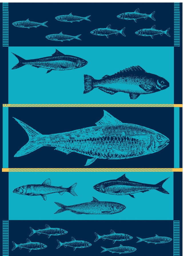 Scandinavian-inspired illustration of assorted fish in horizontal rows on a turquoise-blue background—ideal for the Turquoise-Blue Fish Jacquard Tea Towel 20" x 28", perfect for any Nordic kitchen.