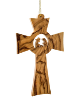 Handcrafted in Bethlehem, the 3.5" Cross with Holy Family Christmas Tree Ornament features a smooth olive wood finish, a carved Holy Family silhouette at the center, and a string loop for hanging—an elegant addition to your home.