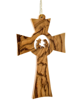 Handcrafted in Bethlehem, the 3.5" Cross with Holy Family Christmas Tree Ornament features a smooth olive wood finish, a carved Holy Family silhouette at the center, and a string loop for hanging—an elegant addition to your home.