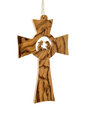 Handcrafted in Bethlehem, the 3.5" Cross with Holy Family Christmas Tree Ornament features a smooth olive wood finish, a carved Holy Family silhouette at the center, and a string loop for hanging—an elegant addition to your home.