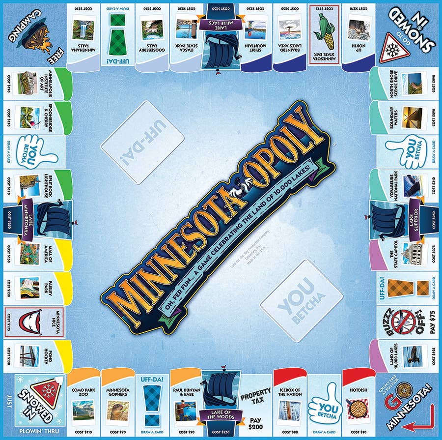 The Game: Minnesota-Opoly (state) Board Game pays homage to the Land of 10,000 Lakes with Minnesota-themed properties, spaces, and cards, all beautifully designed in cool shades of blue and green.