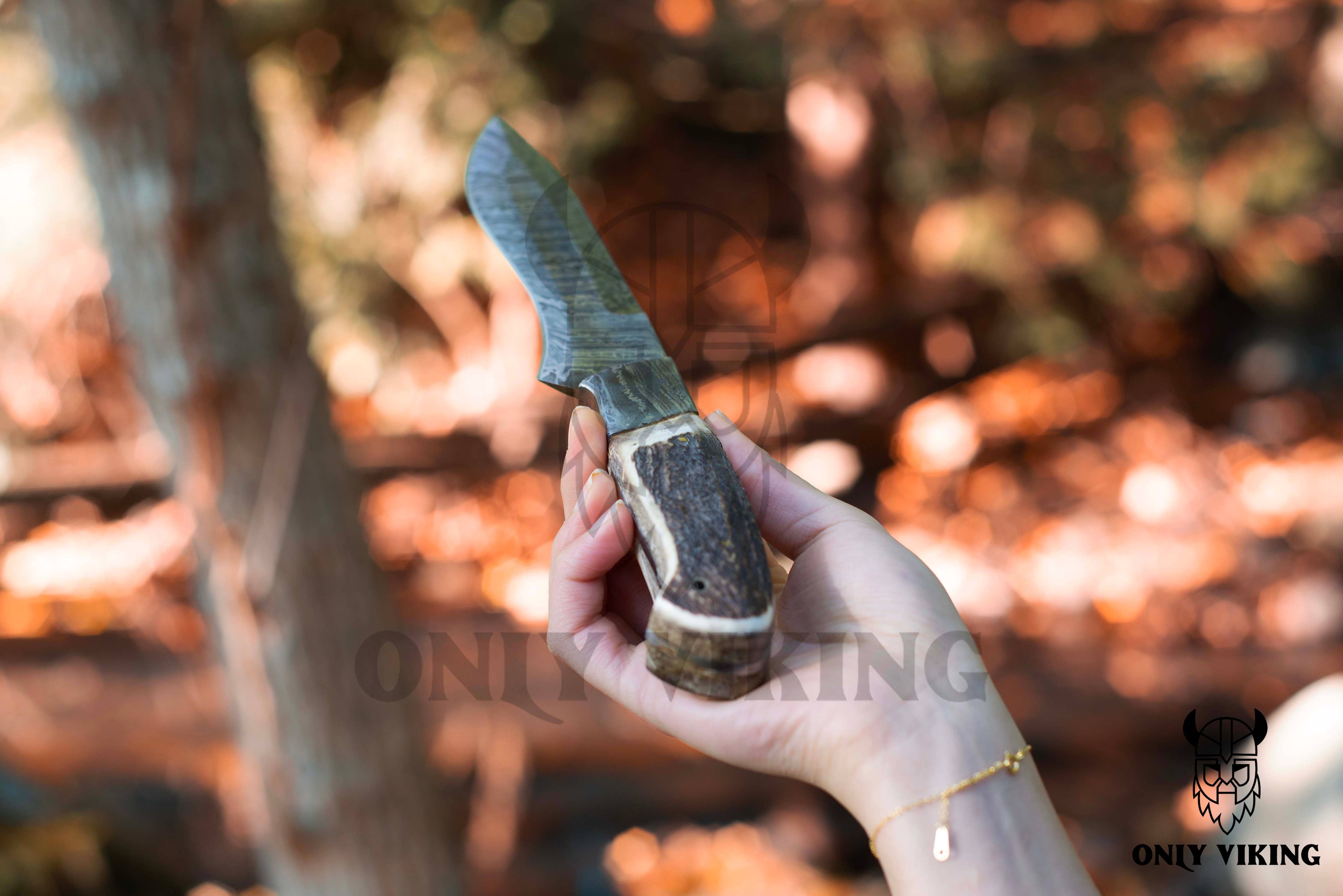 A hand holds a handcrafted Damascus Hunting Knife with a wooden handle against a blurred outdoor backdrop, ideal for outdoor enthusiasts; comes with a leather sheath.