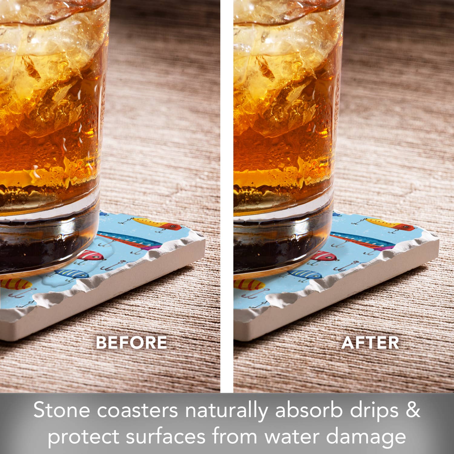 The Lake Living Coaster #3, featuring a glass placed on its cartoon-themed surface with cork backing, effectively absorbs water drips to prevent damage and ensures a dry surface after use.