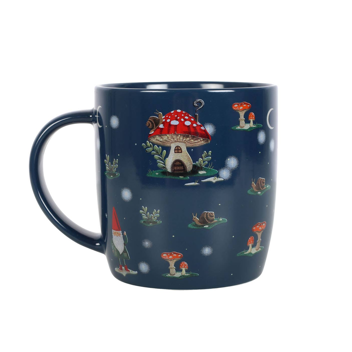 Introducing the "Gnome Sweet Gnome" print mug: a dark blue mug showcases a charming red mushroom house, an adorable gnome, snails, and tiny mushrooms, all set against a twinkling starry night backdrop.