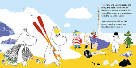 Illustration from "Book: Moominvalley Friends at the Seaside by Katariina Heilala Read and Play with Wooden Moomin Figures" shows Moomins preparing their boat, Adventure, for a new journey—just like in this interactive children's board book.