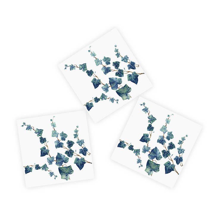 Three napkins featuring watercolor illustrations of ivy leaves on a white background, inspired by *The Secret Garden* series.