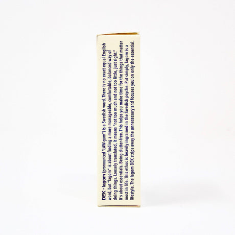 A side view of the **Playing Cards: DEK Lagom (Sweden)** package reveals blue text detailing the product description and features on a white background, capturing the Lagom principle of balanced living.