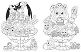 Two ice cream bowls with scoops, fruit, and candies topped with cartoon penguins, chicks, and a rabbit—all in the whimsical style of A Million Baby Animals Coloring Book by Lulu Mayo.