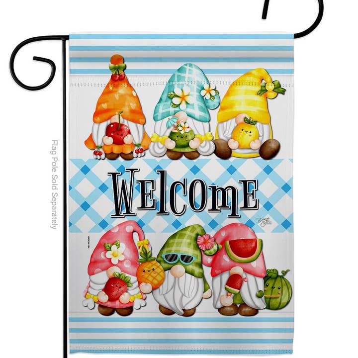 Enhance your outdoor space with the Flag: Sweet Gnomes Food Fruit Gnome Decor Flag, featuring six colorful gnomes with fruit and flowers and WELCOME on a blue plaid background—perfect for whimsical garden decor lovers!.