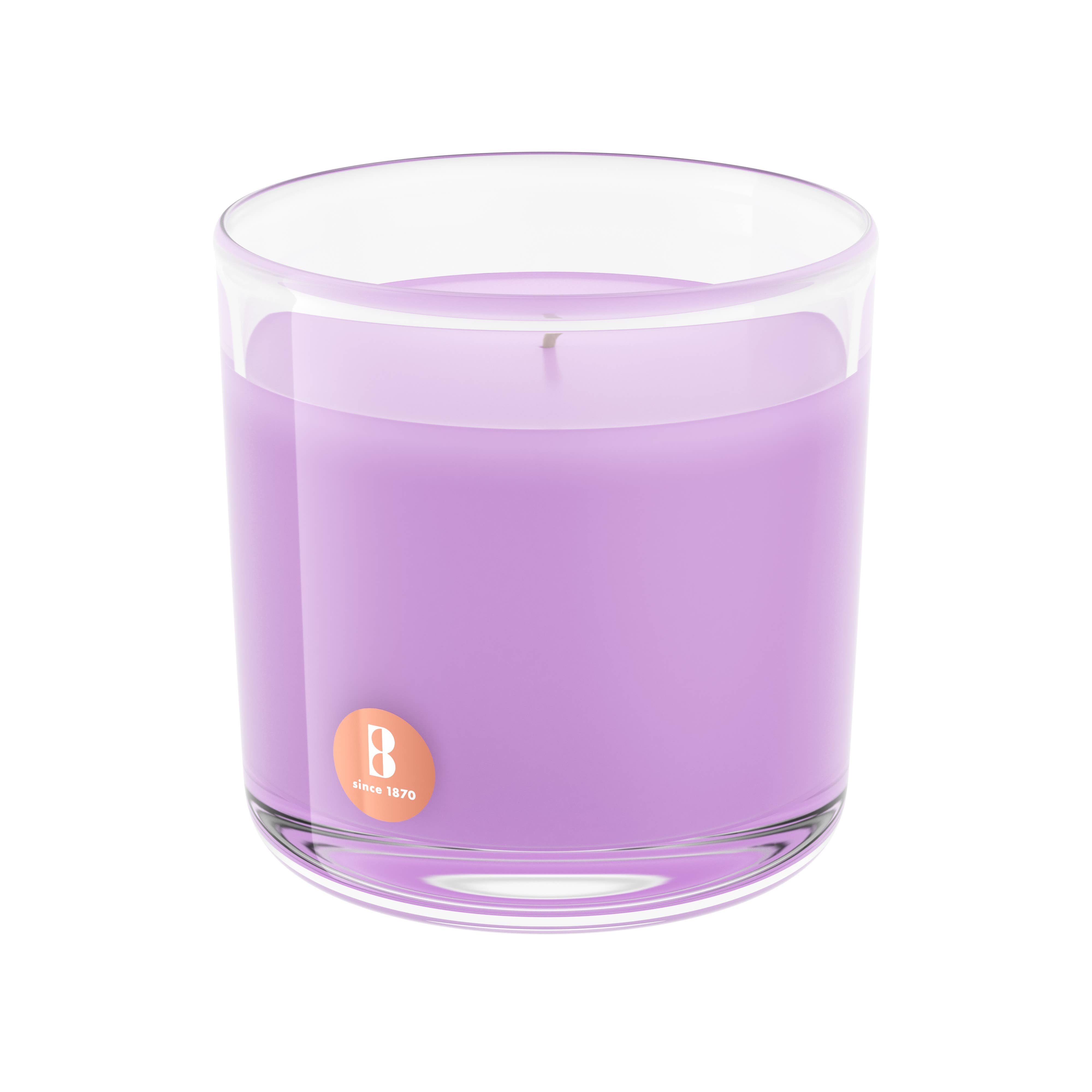 The Lavender Scented Candle, featuring a lavender hue and encased in a clear glass holder adorned with an orange sticker, is crafted from premium natural extracts.