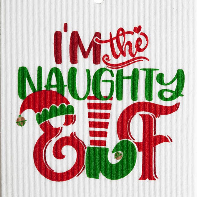 The "I'm the Naughty Elf" text graphic, featuring festive red and green lettering complemented by an elf hat and striped stocking design elements, is printed on biodegradable Swedish Wash Towels from our Dish Cloth: I'm the Naughty Elf collection.