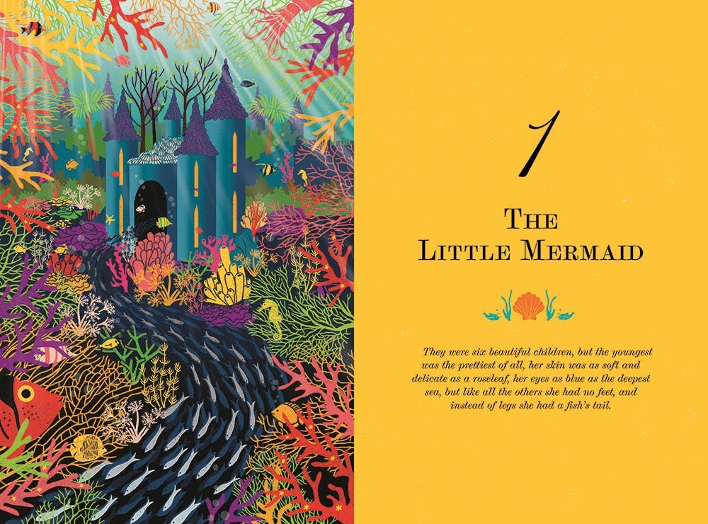 Children’s book open to an illustration of a coral reef with fish and a castle; yellow page reads The Little Mermaid, Hans Christian Andersen fairytales, seashells below.