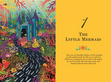 Children’s book open to an illustration of a coral reef with fish and a castle; yellow page reads The Little Mermaid, Hans Christian Andersen fairytales, seashells below.