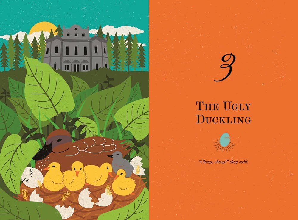 A product featuring a nest with yellow ducklings, one gray duckling, eggshells, and a duck in front of a large house; Hans Christian Andersen fairytale illustration.