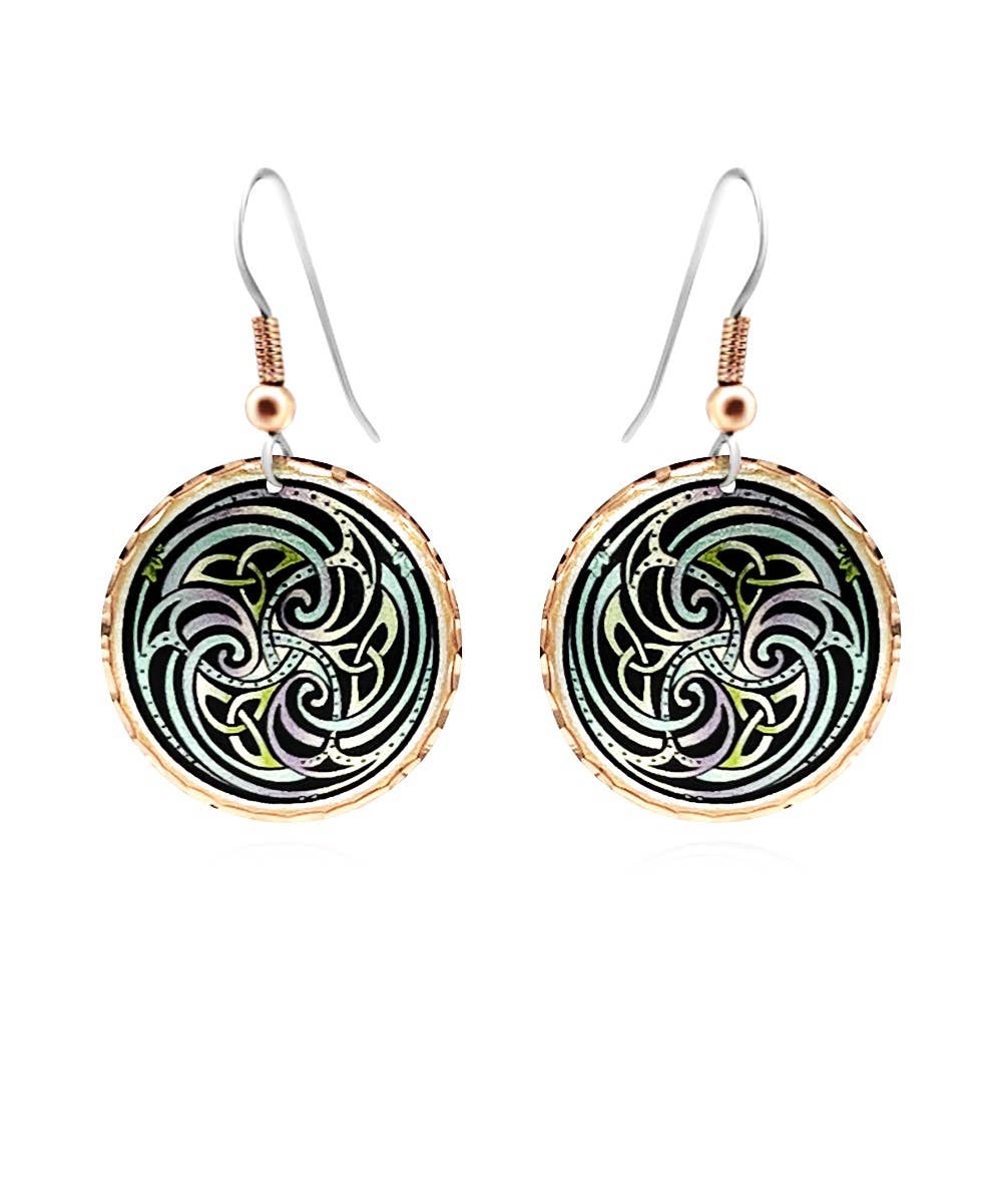 Handcrafted Copper Norse-inspired circular drop earrings with gold edges and intricate black, silver, and turquoise patterns at the center.