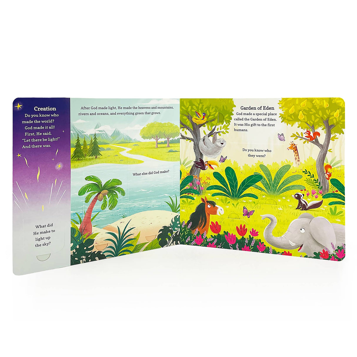 The "Best-Loved Bible Stories Lift-a-Flap Board Book" is an open Christian children's book with colorful animal and nature illustrations, featuring Creation and Garden of Eden stories on every interactive page.