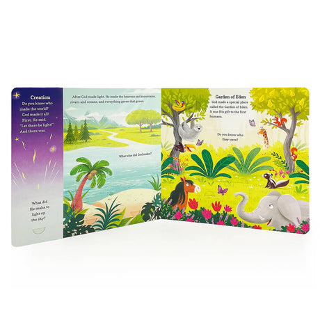 The "Best-Loved Bible Stories Lift-a-Flap Board Book" is an open Christian children's book with colorful animal and nature illustrations, featuring Creation and Garden of Eden stories on every interactive page.