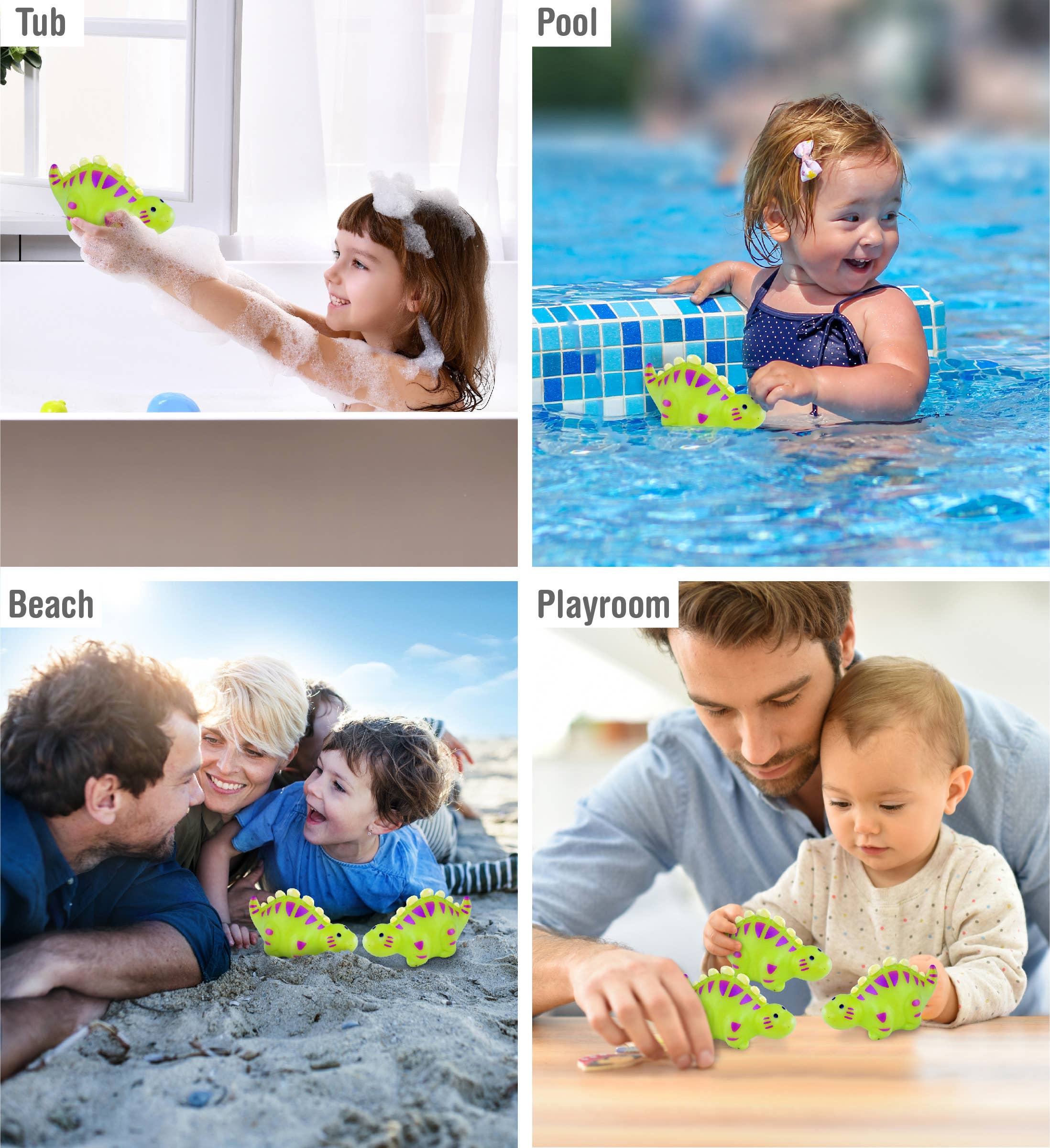 Four images show children playing with the Bath Toy: Stegosaurus Bath Water Squirter in a bathtub, pool, at the beach with family, and at a table in a playroom with an adult.
