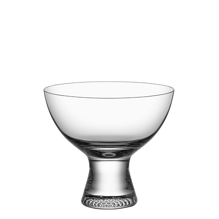 The KostaBoda Limelight Bowl On Foot is a clear glass dessert bowl featuring a wide, rounded cup with a thick stem and flat base. Dishwasher safe, it is shown against a white background.