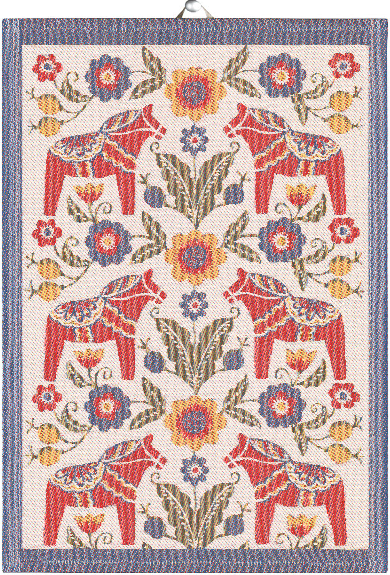 The “Kurbitshast” kitchen towel by Ekelund Master Weavers (14" × 20") features Swedish Dala horses, colorful flowers, and a blue border, all woven from organic cotton.