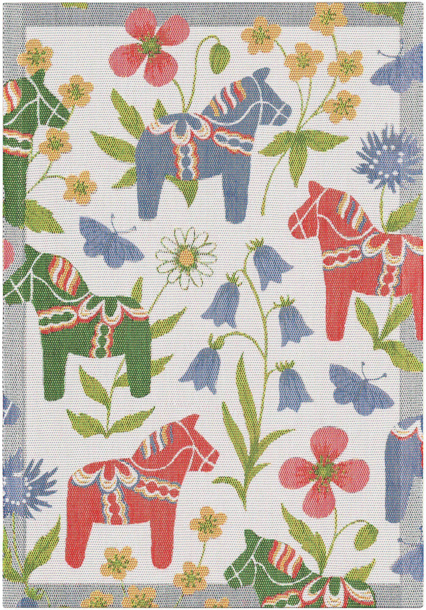 The Tea Towel: Classic Scandinavian Floral and Dala Horse Design in Organic Cotton showcases red and blue Swedish Dala Horses, green leaves, blue butterflies, and colorful flowers on a white background.