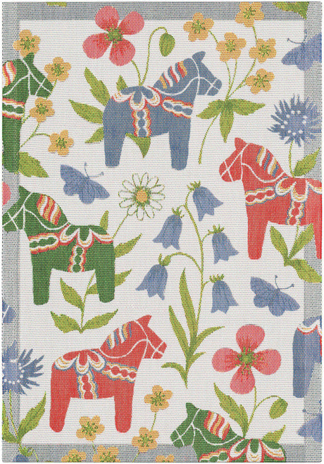 The Tea Towel: Classic Scandinavian Floral and Dala Horse Design in organic cotton by Ekelund Master Weavers features red, blue, and green Dala horses with butterflies and florals—ideal for brightening up a Scandinavian kitchen.