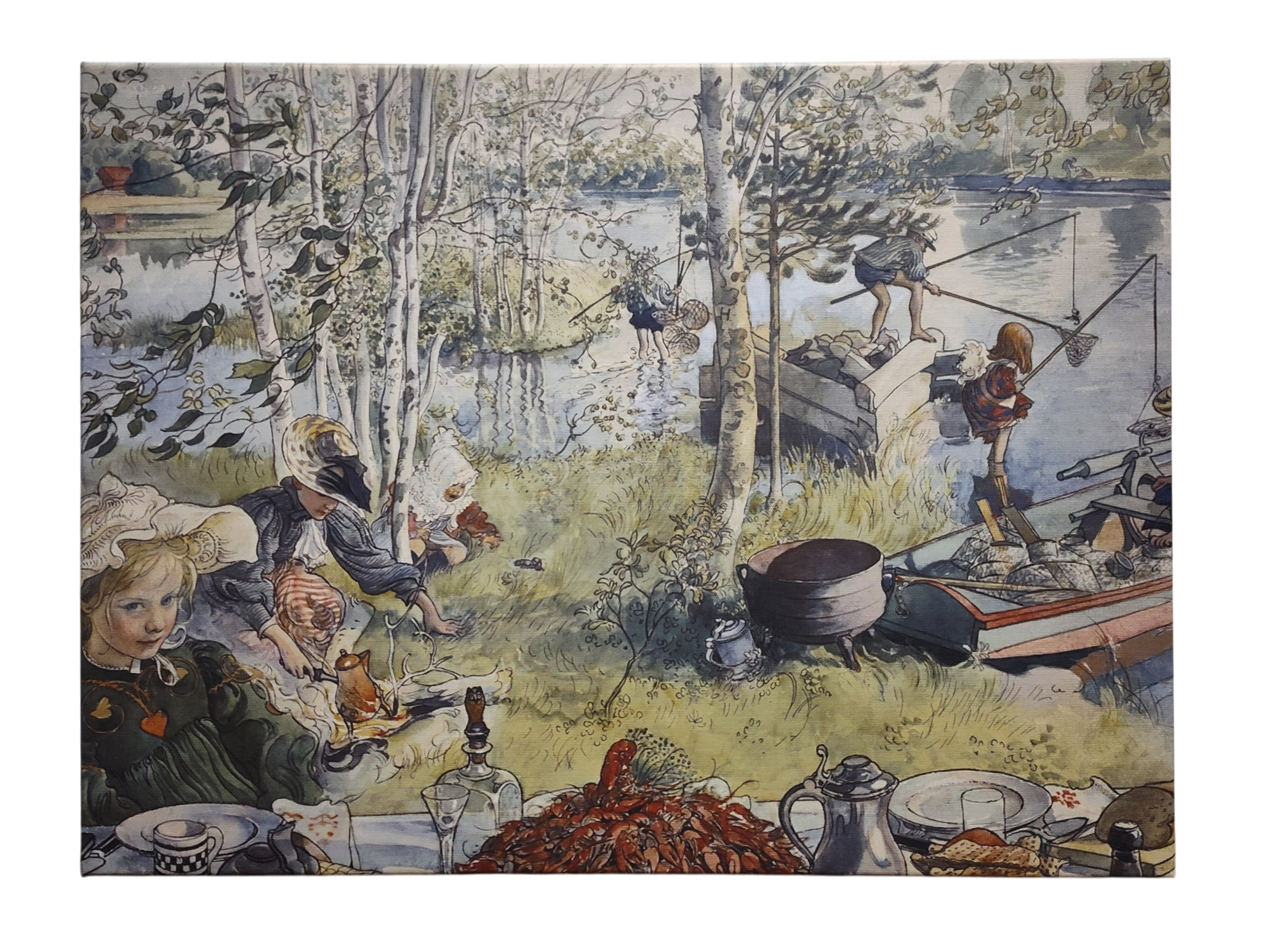Children fish and play by a lake among birch trees as a table with crayfish and drinks is set—capturing festive joy in "The Crayfish Season Opens," a 1897 print on canvas by Carl Larsson.