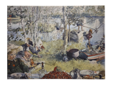 Children fish and play by a lake among birch trees as a table with crayfish and drinks is set—capturing festive joy in "The Crayfish Season Opens," a 1897 print on canvas by Carl Larsson.