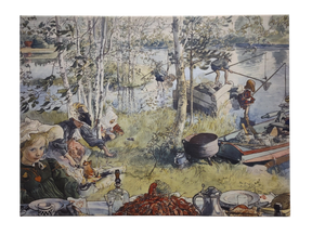 Children fish and play by a lake among birch trees as a table with crayfish and drinks is set—capturing festive joy in "The Crayfish Season Opens," a 1897 print on canvas by Carl Larsson.