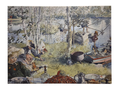 Children fish and play by a lake among birch trees as a table with crayfish and drinks is set—capturing festive joy in "The Crayfish Season Opens," a 1897 print on canvas by Carl Larsson.