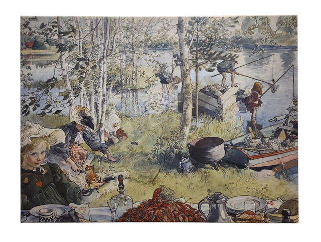 Children fish and play by a lake among birch trees as a table with crayfish and drinks is set—capturing festive joy in "The Crayfish Season Opens," a 1897 print on canvas by Carl Larsson.