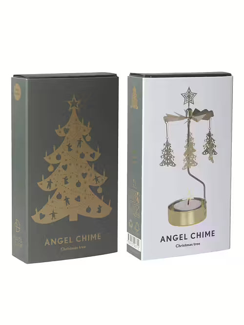 Two boxes of Candle Holder: Pluto Design Angel Chime Gold Christmas Tree—one with a gold tree design, the other displaying the assembled rotary candle holder with candles and hanging ornaments.