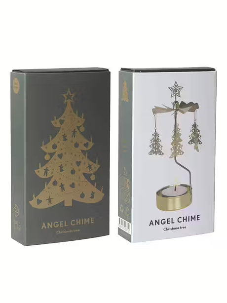 Two boxes of Candle Holder: Pluto Design Angel Chime Gold Christmas Tree—one with a gold tree design, the other displaying the assembled rotary candle holder with candles and hanging ornaments.