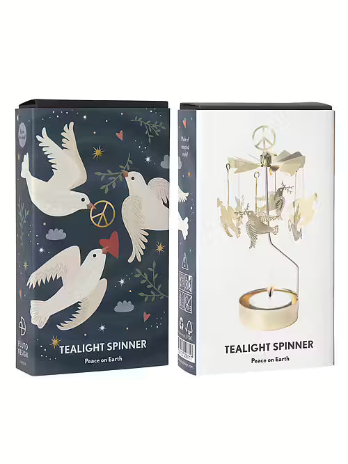 A rotary candle holder with hanging dove charms displayed next to its dark blue and white Scandinavian-style packaging.