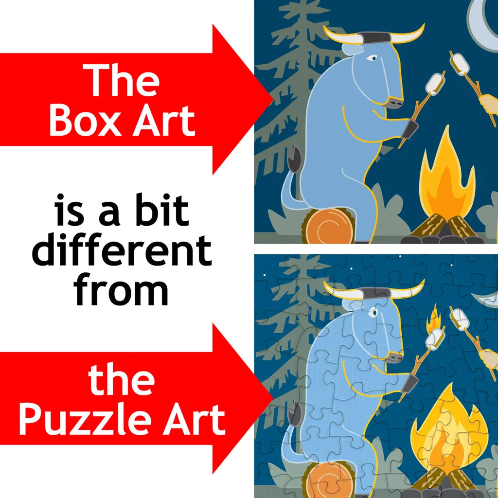 Minnesota jigsaw puzzle and box art showing a blue bull roasting marshmallows by a campfire, each with different backgrounds and distinct campfire details.