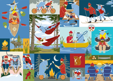 Jigsaw puzzle with cartoon animals and people in plaid shirts canoeing, hiking, and camping among trees and campfires in bright outdoor scenes.