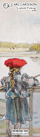 Bookmark featuring Carl Larsson’s 1898 artwork “Lisbeth Fishing”—a young girl with braided hair and red cap fishing by a Swedish lake. Size: 8.5" × 2.5".