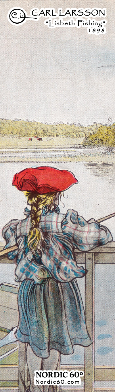 Bookmark featuring Carl Larsson’s 1898 artwork “Lisbeth Fishing”—a young girl with braided hair and red cap fishing by a Swedish lake. Size: 8.5" × 2.5".