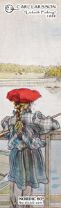 Bookmark featuring Carl Larsson’s 1898 artwork “Lisbeth Fishing”—a young girl with braided hair and red cap fishing by a Swedish lake. Size: 8.5" × 2.5".