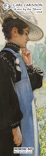 A woman in profile wearing a hat and dark dress with a blue apron stands outdoors, as depicted in Carl Larsson’s “Karin by the Shore” (1908), featured on this 8.5" × 2.5" bookmark—a fine piece of Scandinavian art.