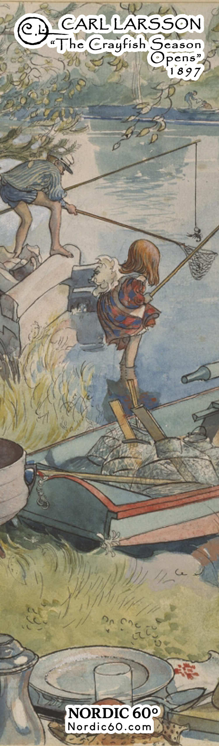 Bookmark: Carl Larsson “The Crayfish Season Opens” (8.5" × 2.5") features his 1897 watercolor of children fishing along a Swedish riverbank—a charming scene that highlights the beauty of Scandinavian summer art.