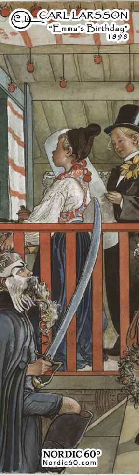 The Bookmark: Carl Larsson “Emma’s Birthday” (8.5" × 2.5") features festive people on a striped porch, with a masked figure holding a sword—a charming Swedish art gift for any Scandinavian enthusiast.