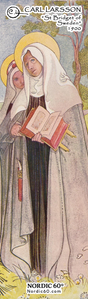 Bookmark featuring Carl Larsson’s “St. Bridget of Sweden” (8.5" × 2.5"): Scandinavian art of two nuns in religious attire, one with an open book, both with halos, standing outdoors.