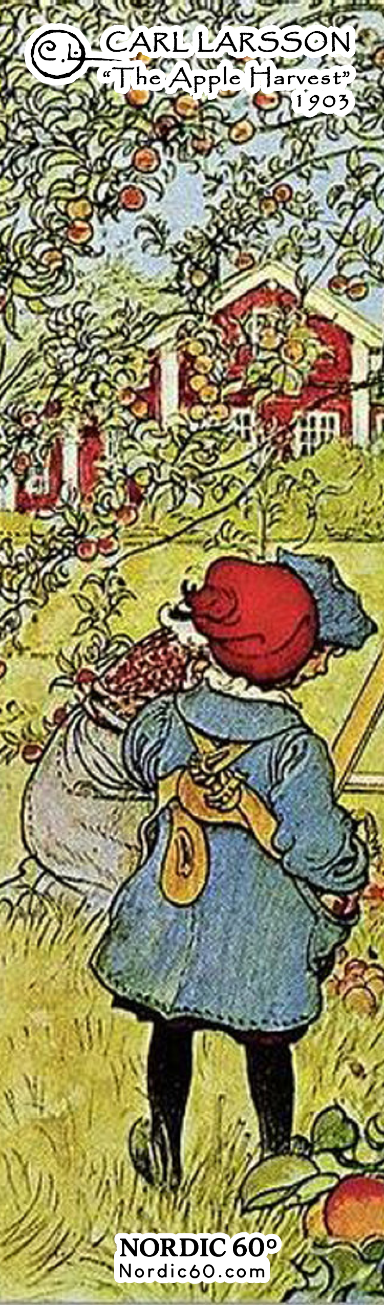 A child in a red hat and blue coat picks apples in an orchard with a red house behind, as depicted on the Carl Larsson “The Apple Harvest” Bookmark (8.5" × 2.5"), evoking the charm of Swedish art.