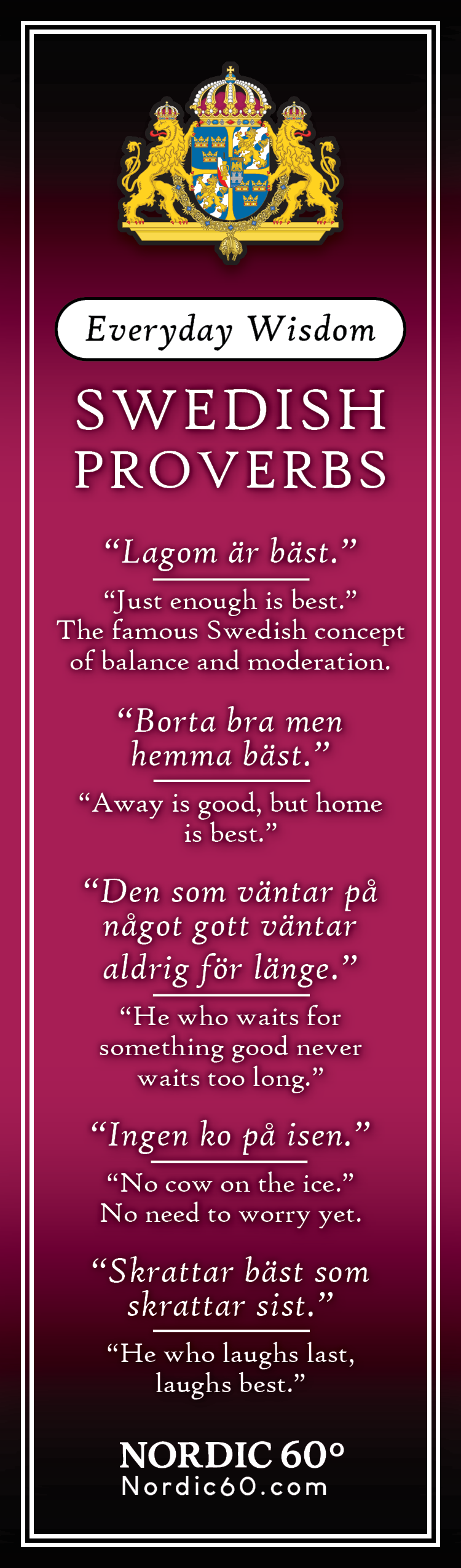 The Bookmark: Swedish Proverbs “Everyday Wisdom” (2.5" × 8.5") showcases five Swedish sayings with English translations and explanations on a purple design, sharing everyday insights—ideal for anyone who loves Scandinavian tradition.