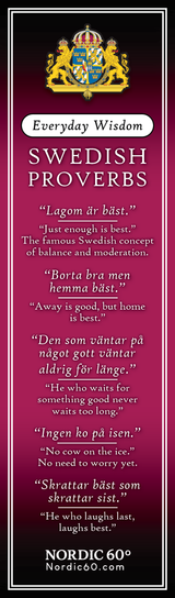 The Bookmark: Swedish Proverbs “Everyday Wisdom” (2.5" × 8.5") showcases five Swedish sayings with English translations and explanations on a purple design, sharing everyday insights—ideal for anyone who loves Scandinavian tradition.