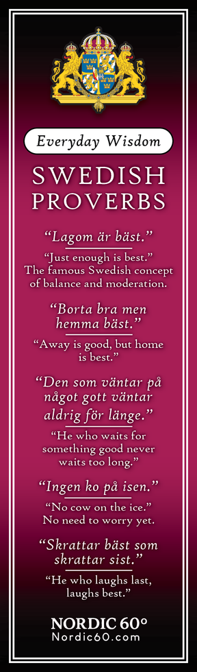 The Bookmark: Swedish Proverbs “Everyday Wisdom” (2.5" × 8.5") showcases five Swedish sayings with English translations and explanations on a purple design, sharing everyday insights—ideal for anyone who loves Scandinavian tradition.
